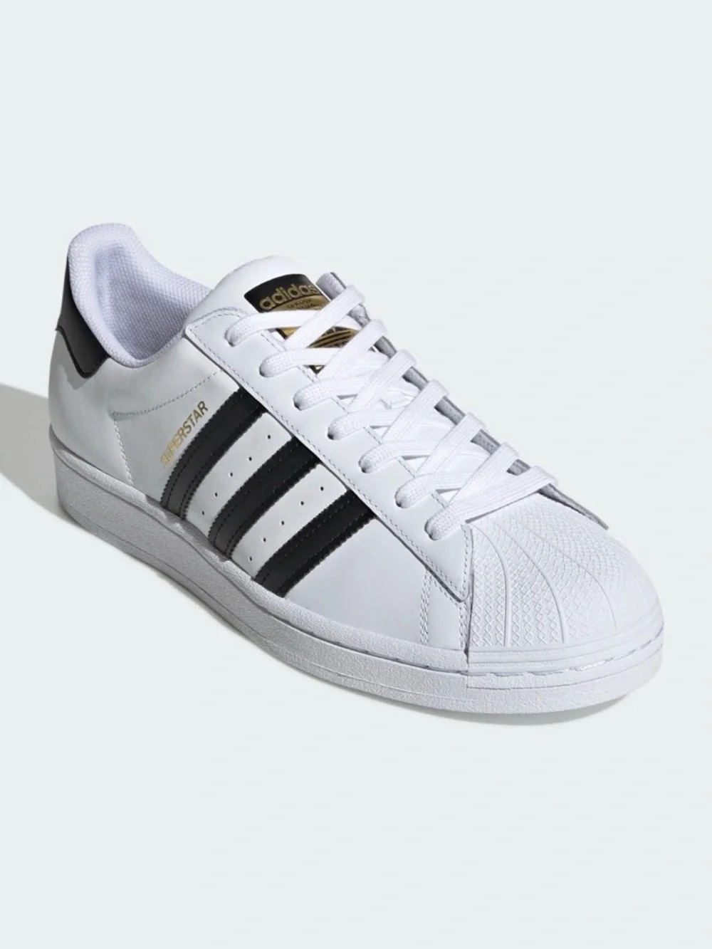 ADIDAS ORIGINALS SUPERSTAR WHITE/BLACK Leather Gold Accent Sneakers Size 19